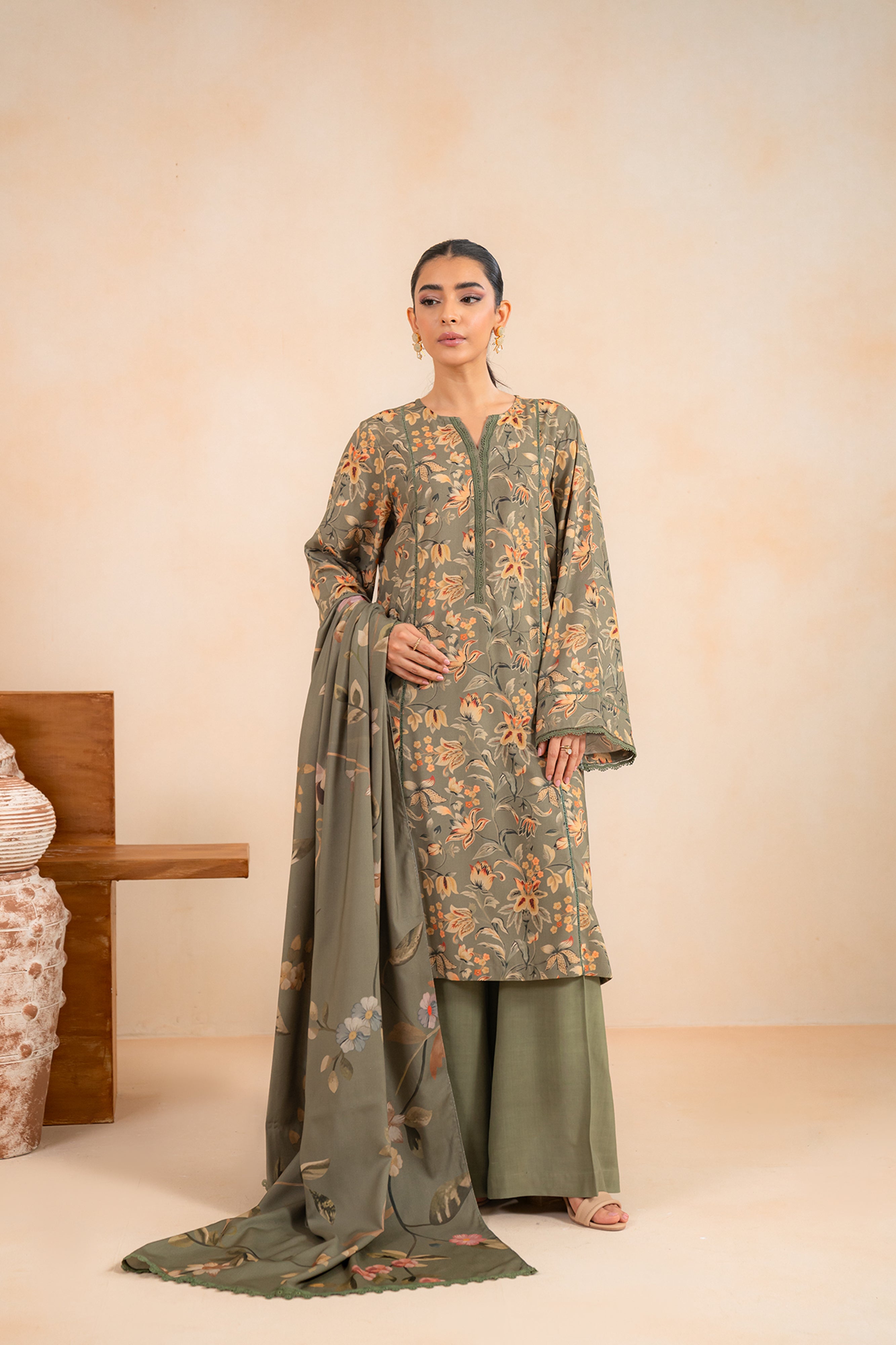 3 Piece Printed Linen Suit Unstitched Winter-24