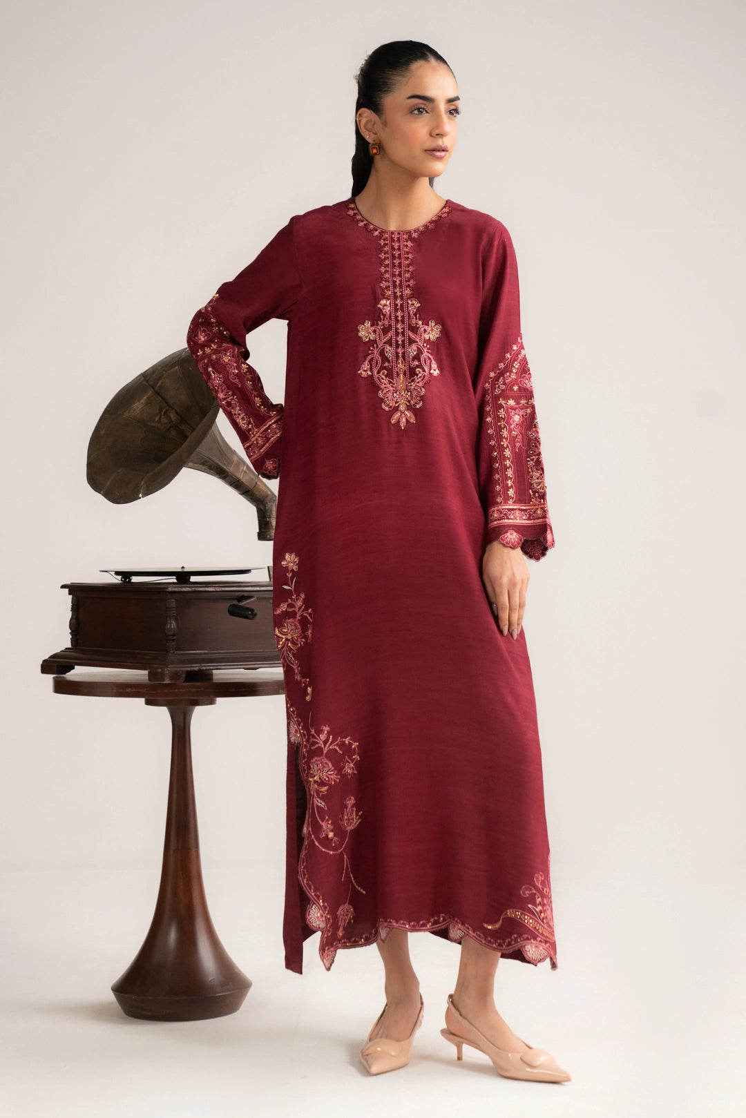 1 Piece Embroidered Raw Silk Kaftan