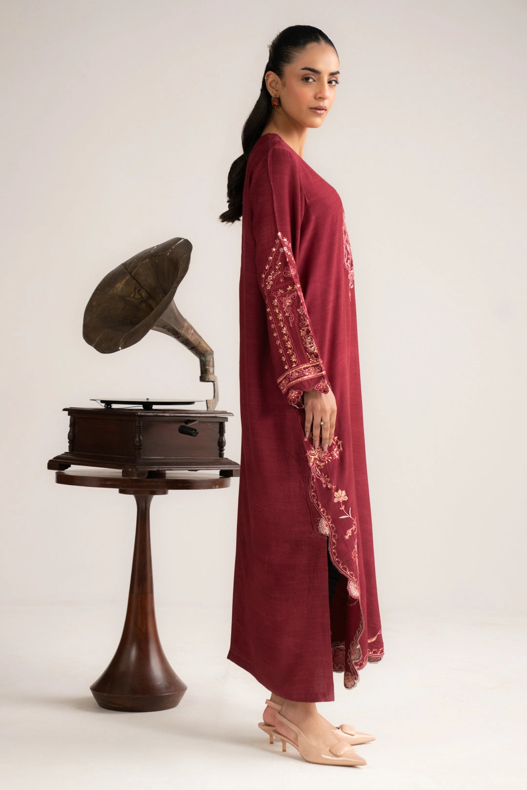 1 Piece Embroidered Raw Silk Kaftan