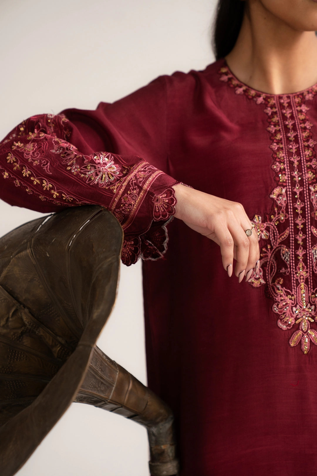1 Piece Embroidered Raw Silk Kaftan