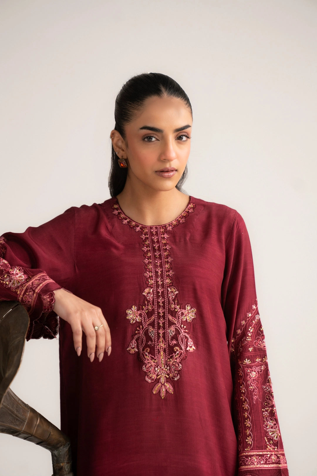 1 Piece Embroidered Raw Silk Kaftan