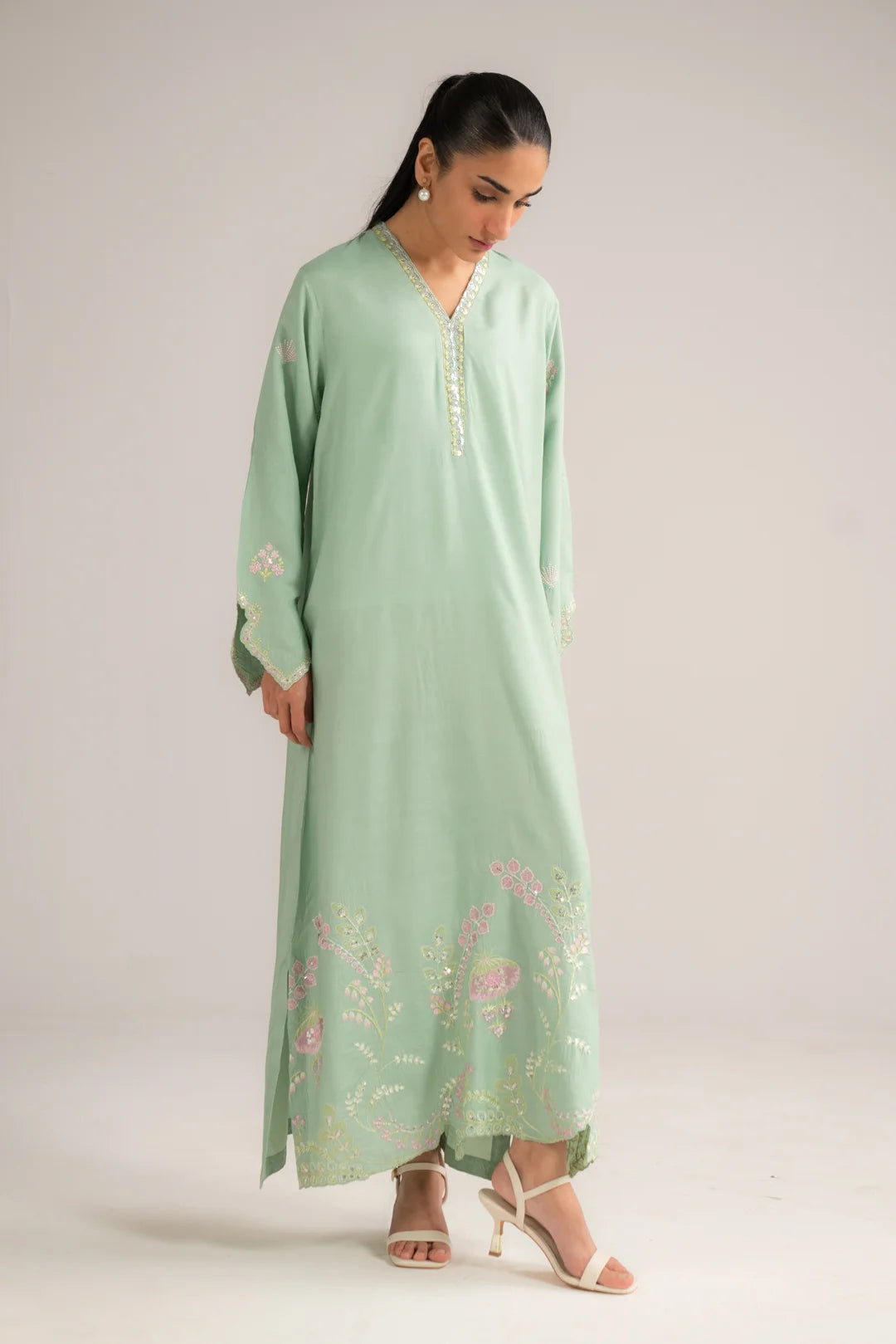 1 Piece Embroidered Raw Silk Kaftan