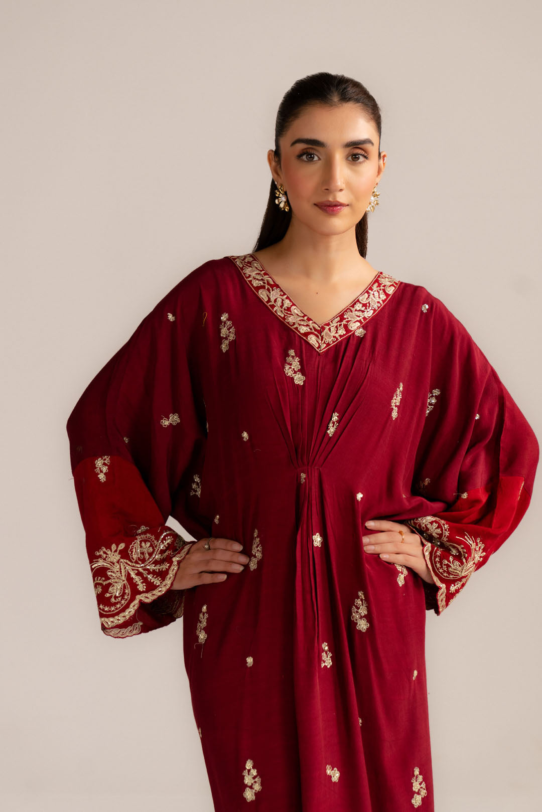 1 Piece Embroidered Raw Silk Kaftan Pret SS - 26