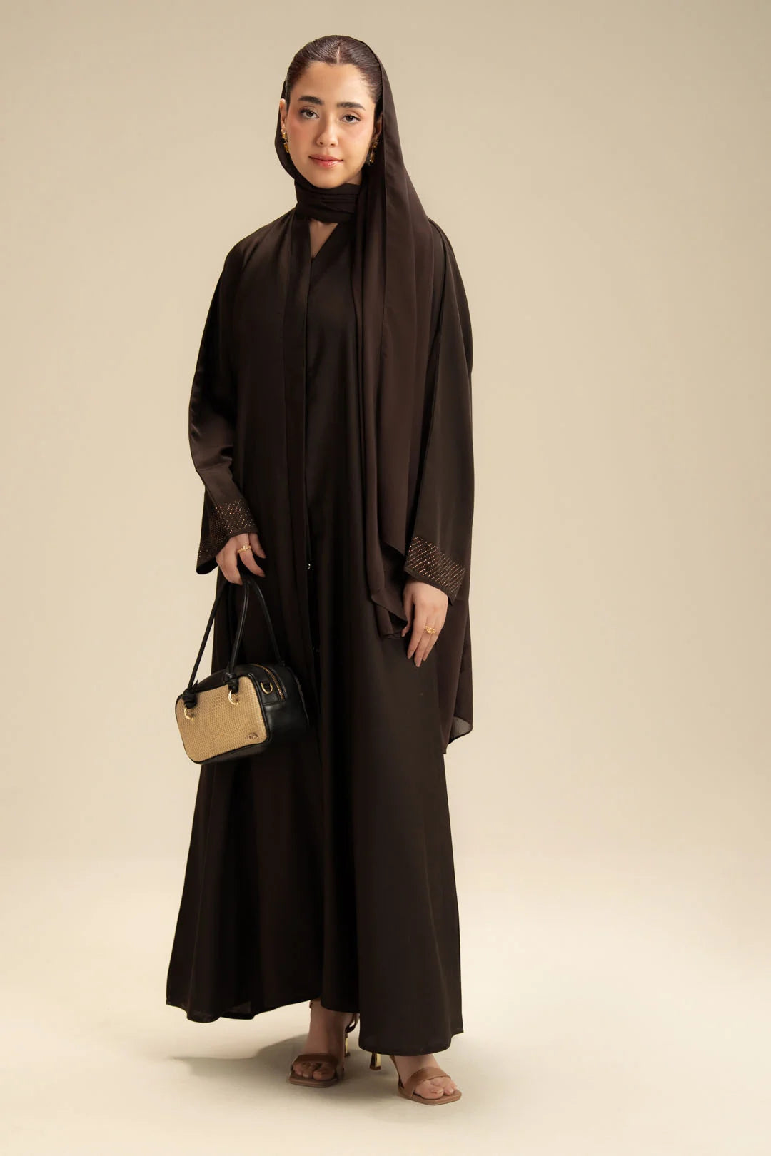 Dark brown embellished abaya for women – elegant modest wear, Beyond East Pakistan