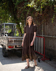 Dark brown embroidered cambric long frock for women front view