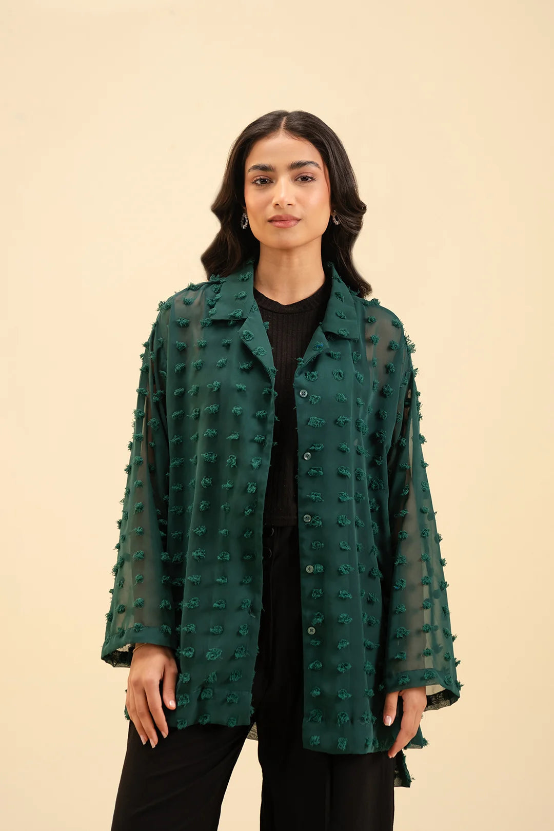 Dark green textured georgette shirt – stylish loose-fit button-down top for women.