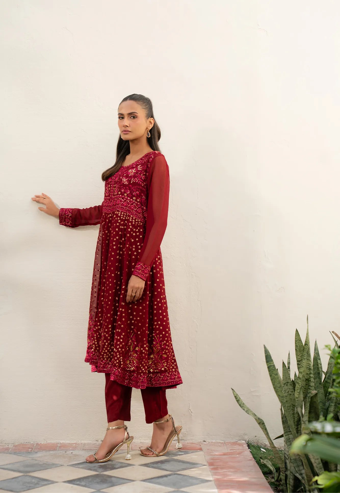 Deep maroon embroidered chiffon suit full outfit view showing drape and silhouette