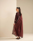 Detail shot of maroon dupatta/shawl drape showing print/embellished accents and fall.