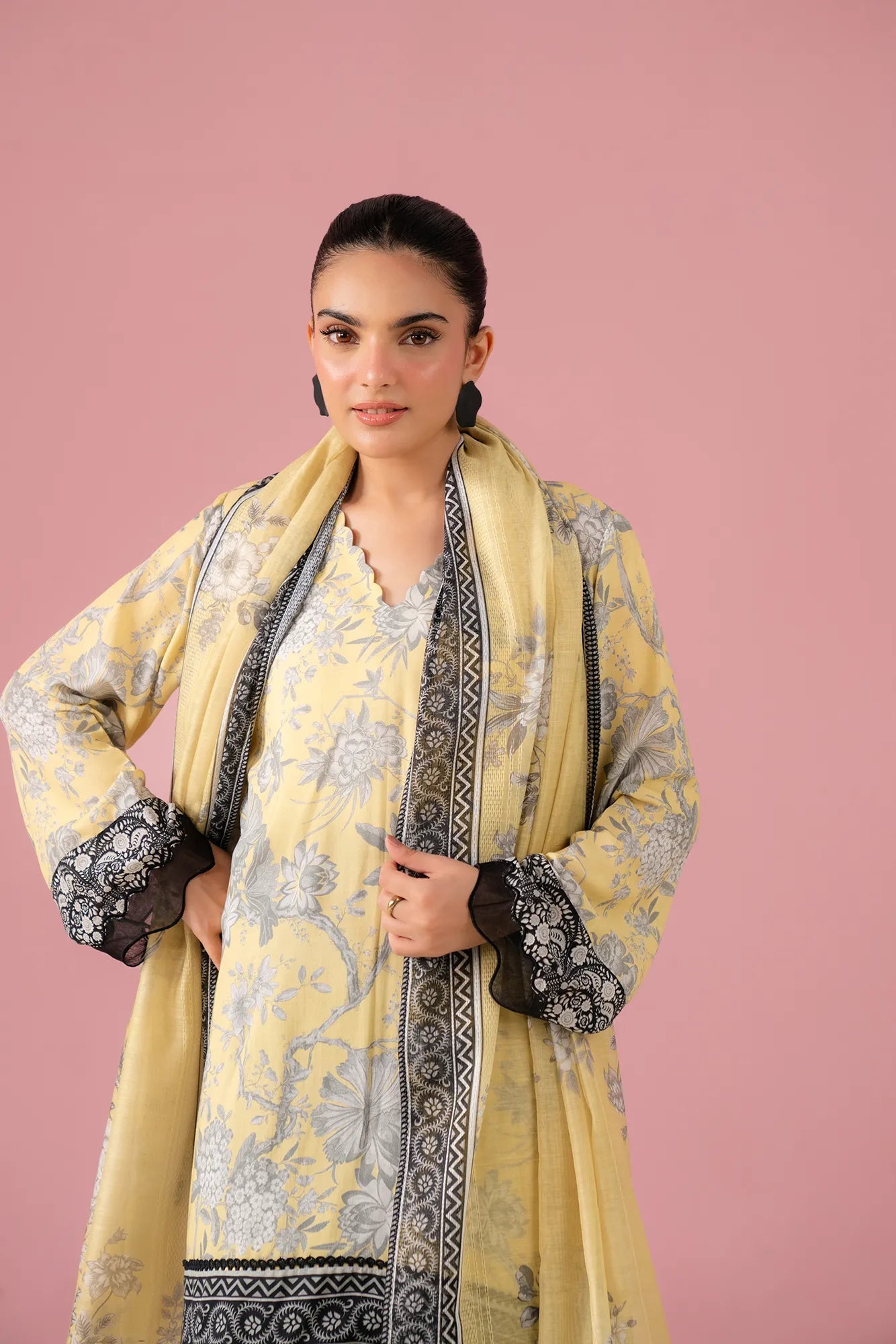 Digital printed linen shirt set with embroidered border and dupatta, stylish wear for Lahore Model Town fashion lovers