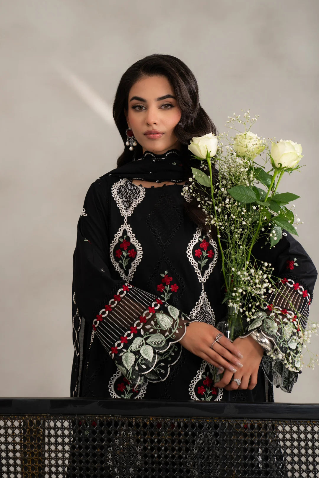 Discover 3 piece black lawn suit unstitched - monochrome Pakistani women fabric tribal patterns