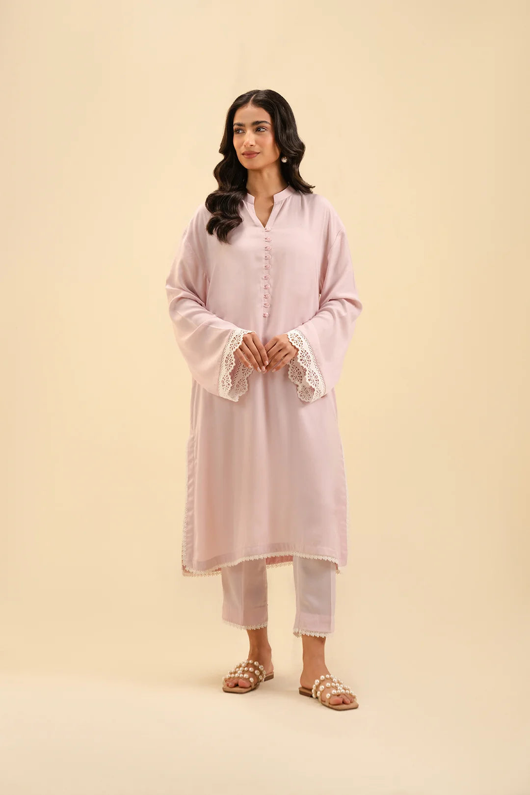 Elegant Pink 2 Piece Suit for Women – Lace-Trimmed Kurta & Trouser Set