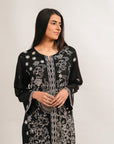 Elegant black dobby shirt with white chain stitch embroidery and matching trousers