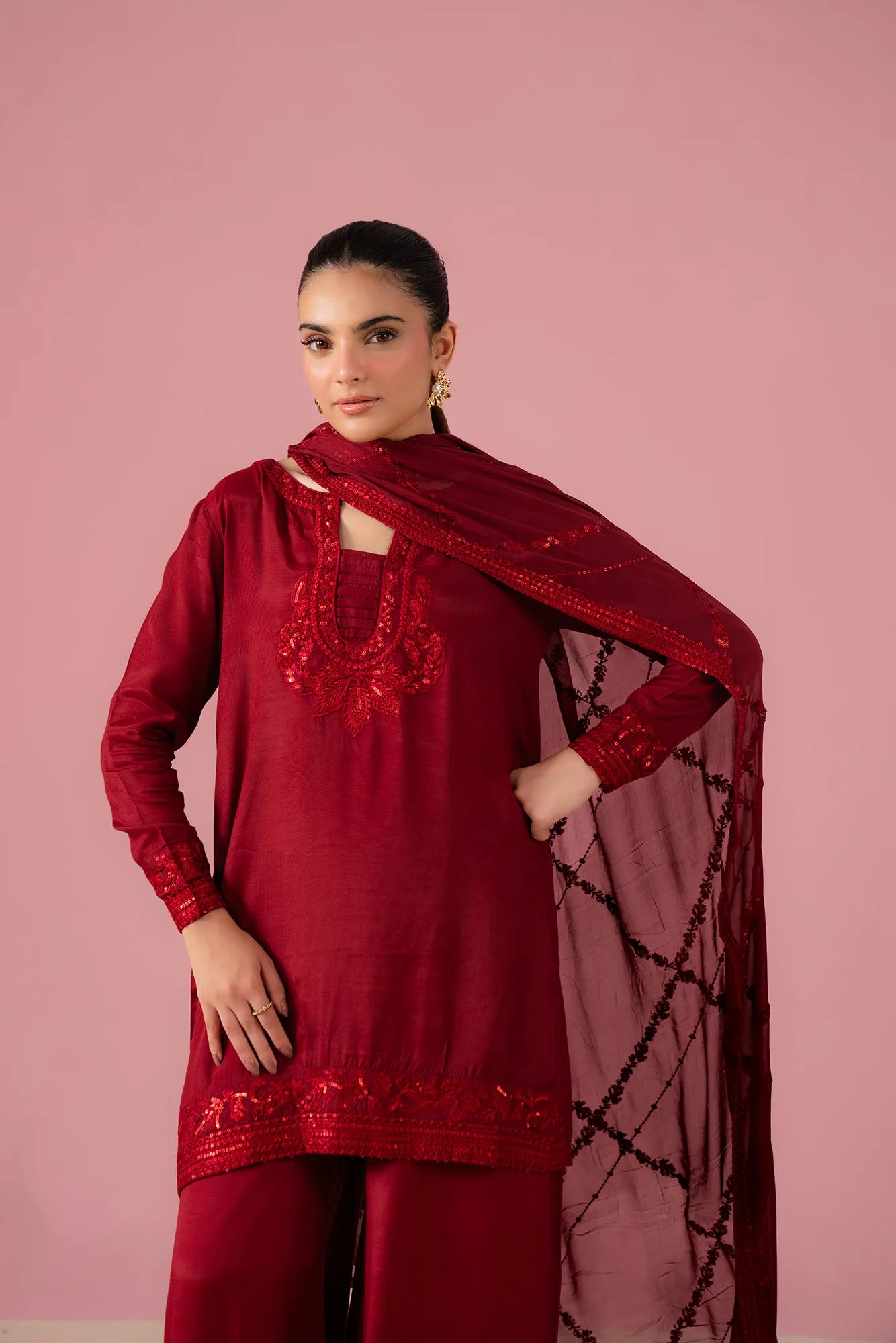 Elegant crimson raw silk Pakistani suit with embroidery