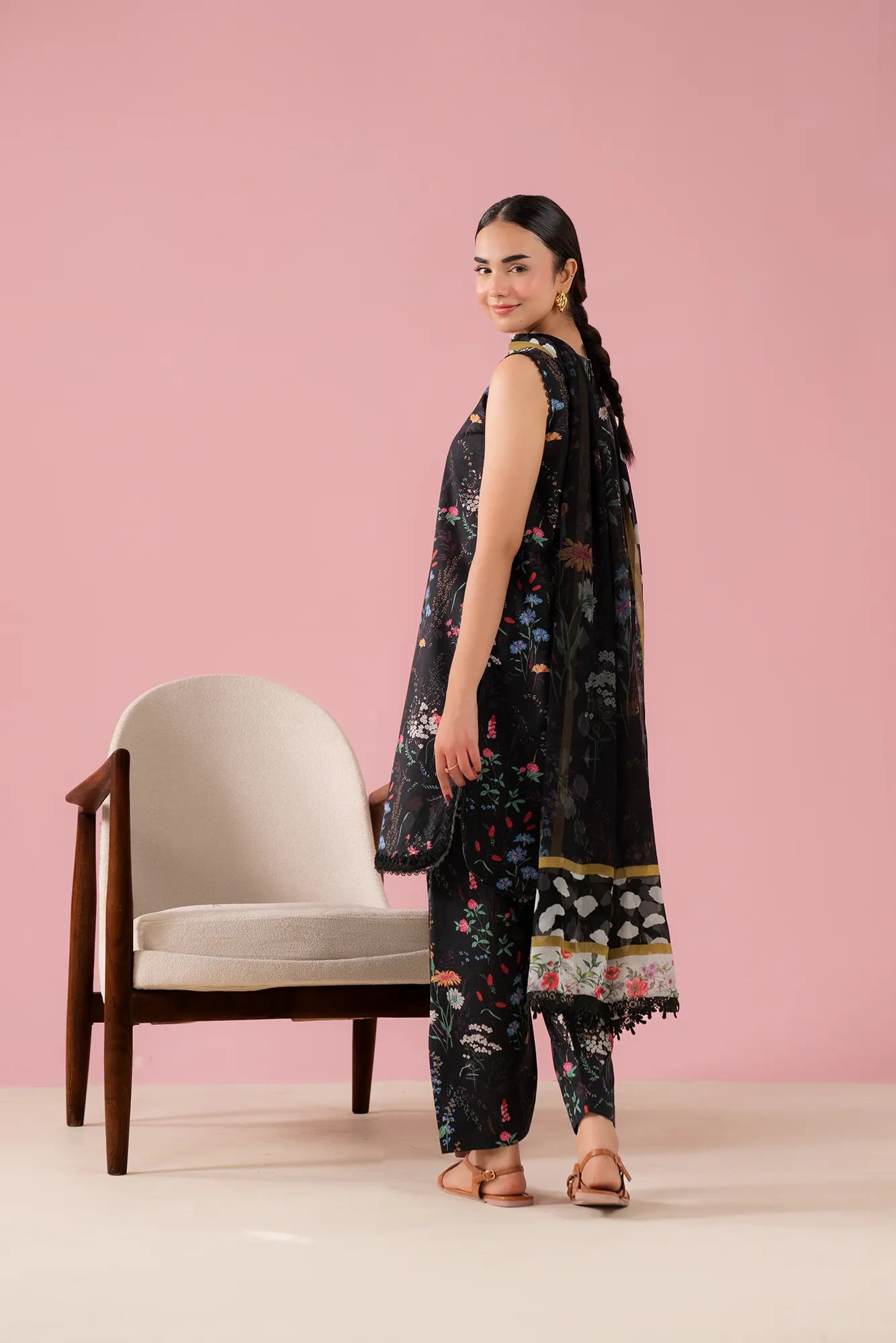 Elegant digital printed lawn dress with organza border, perfect for shopping at Packages Mall Lahore