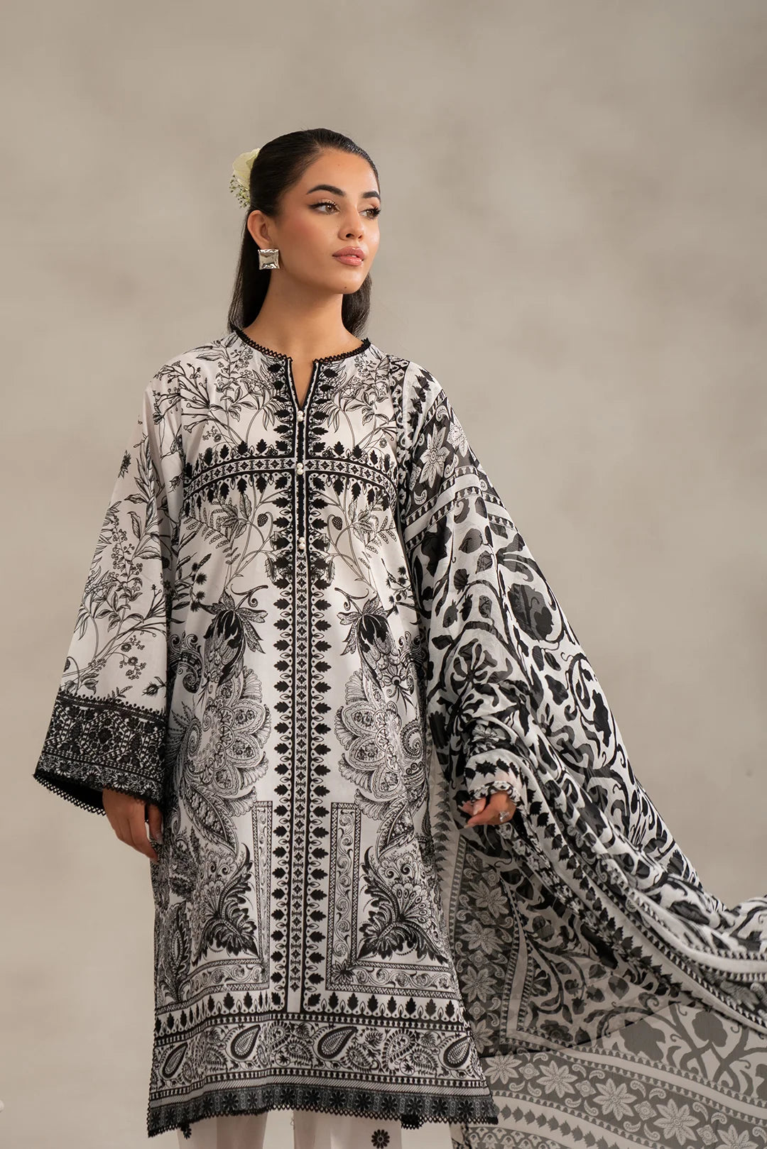 Elegant eastern wear lawn suit in monochrome print for women