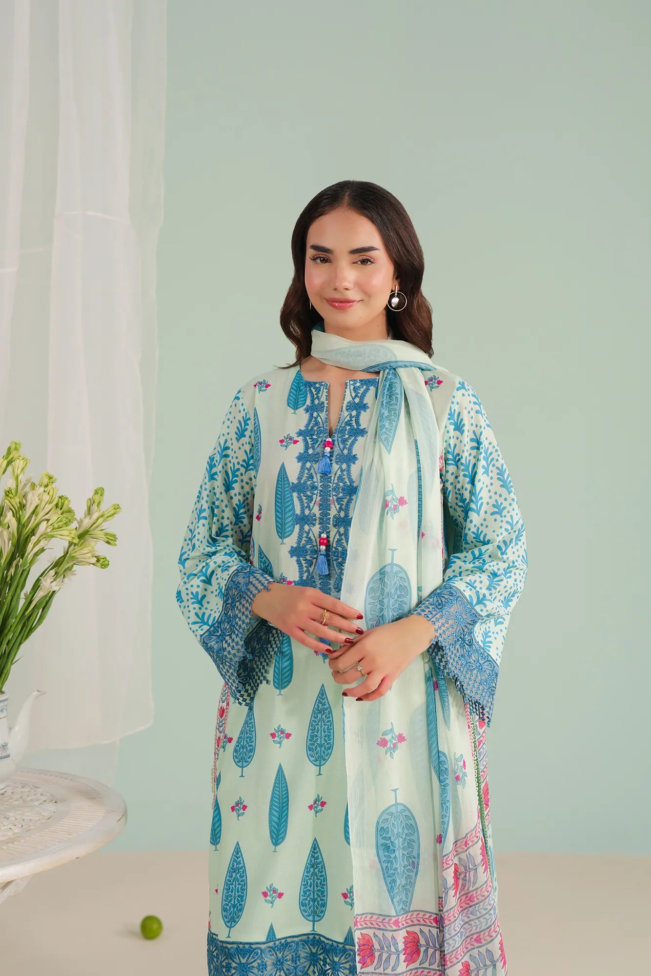Elegant embroidered white and blue lawn suit with cambric trouser and chiffon dupatta – Beyond East collection in Gulbahar Peshawar
