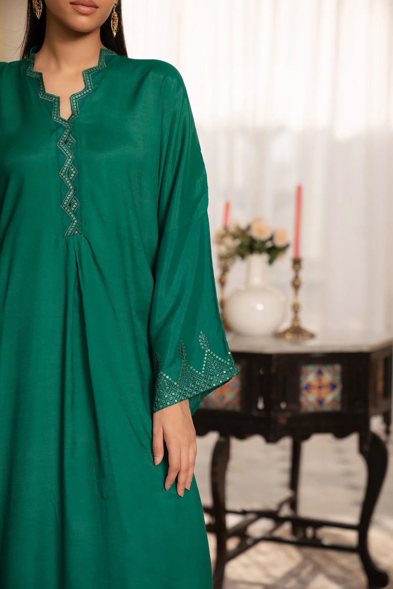 Embroidered Raw Silk Kaftan Dress Pret Winter - 25
