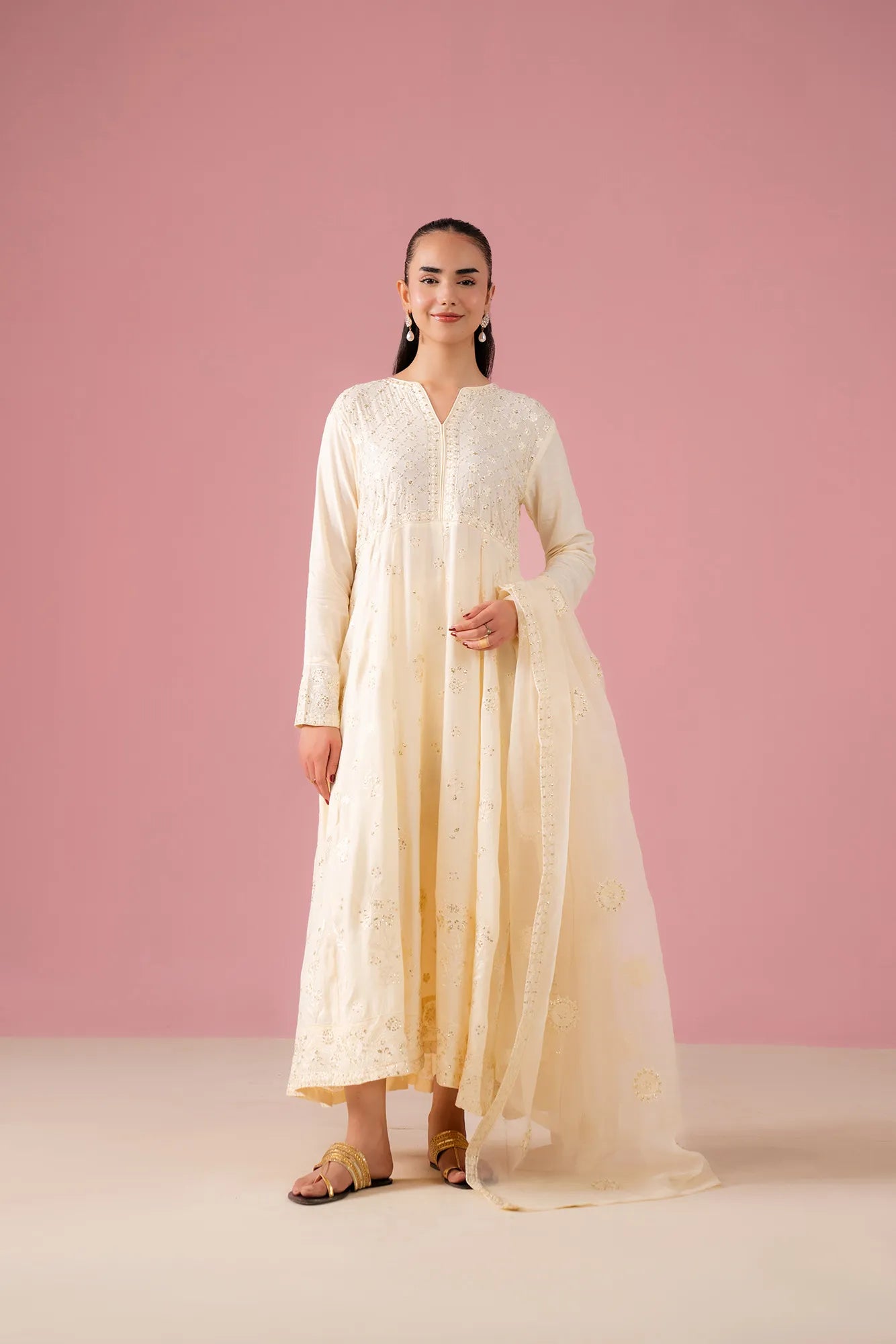 Embroidered raw silk suits with kalidar design for women
