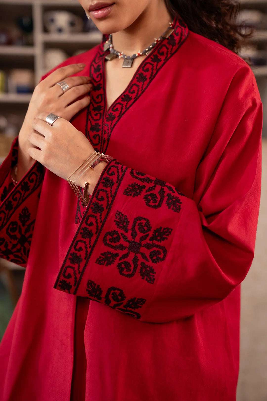 Embroidered red lawn kurta for ladies – perfect for Eid & festive outfits.