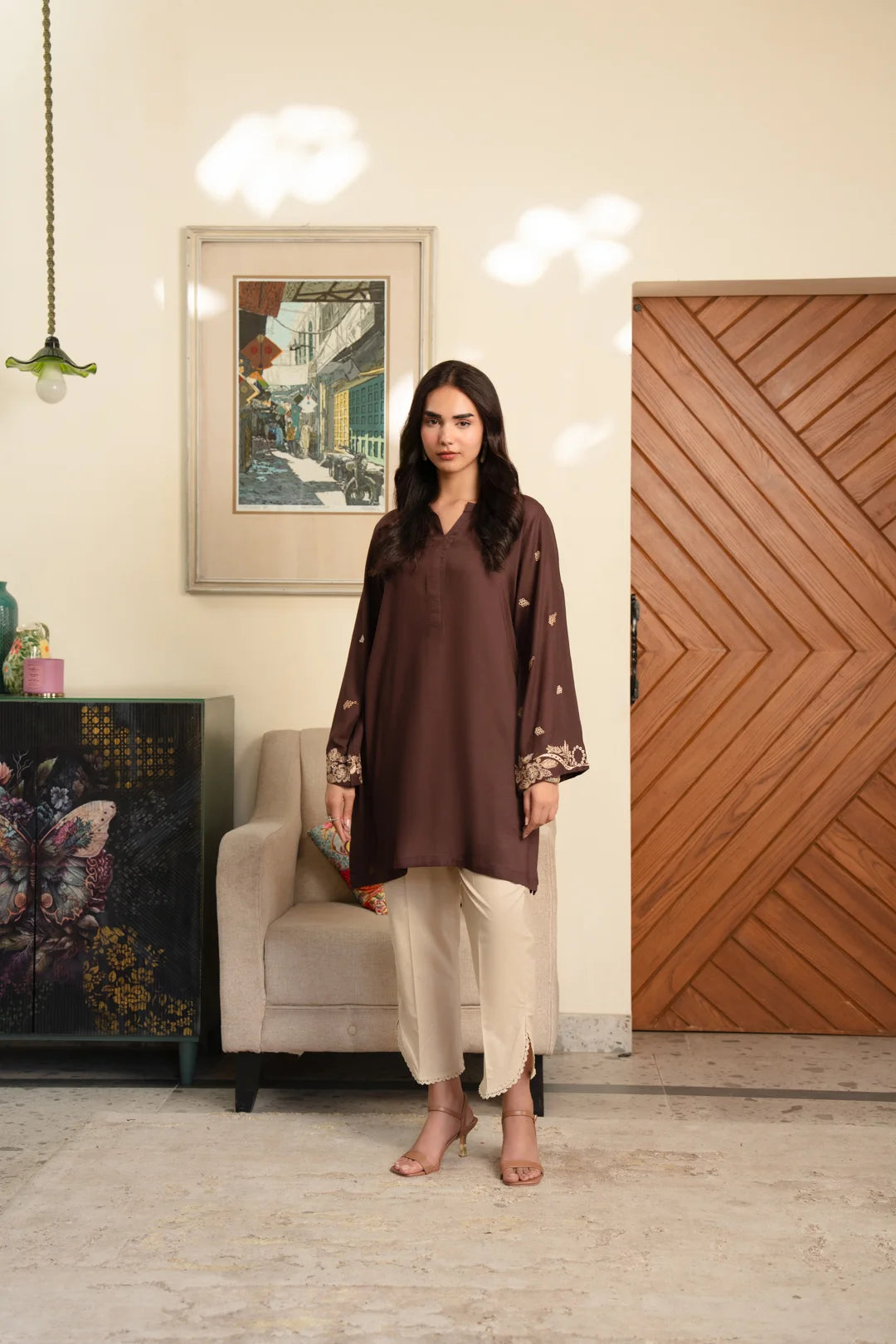 Espresso brown embroidered linen tunic for women front view
