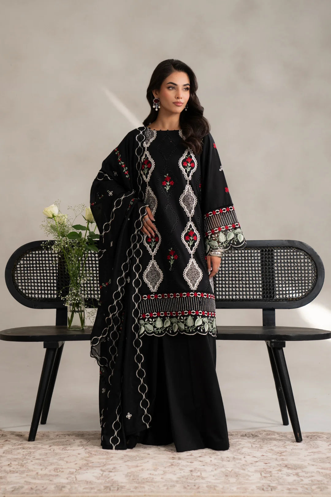 Explore black 3 piece embroidered lawn suit unstitched - monochrome outfits red accents