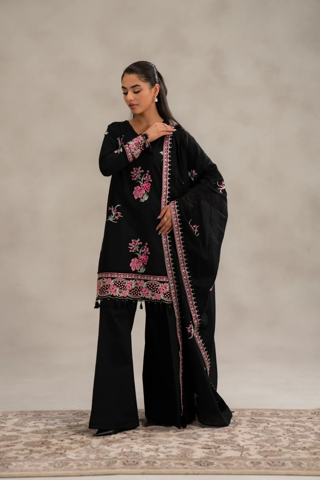 Explore monochrome embroidered lawn suit unstitched - black pink 3 piece Pakistani dress fabric