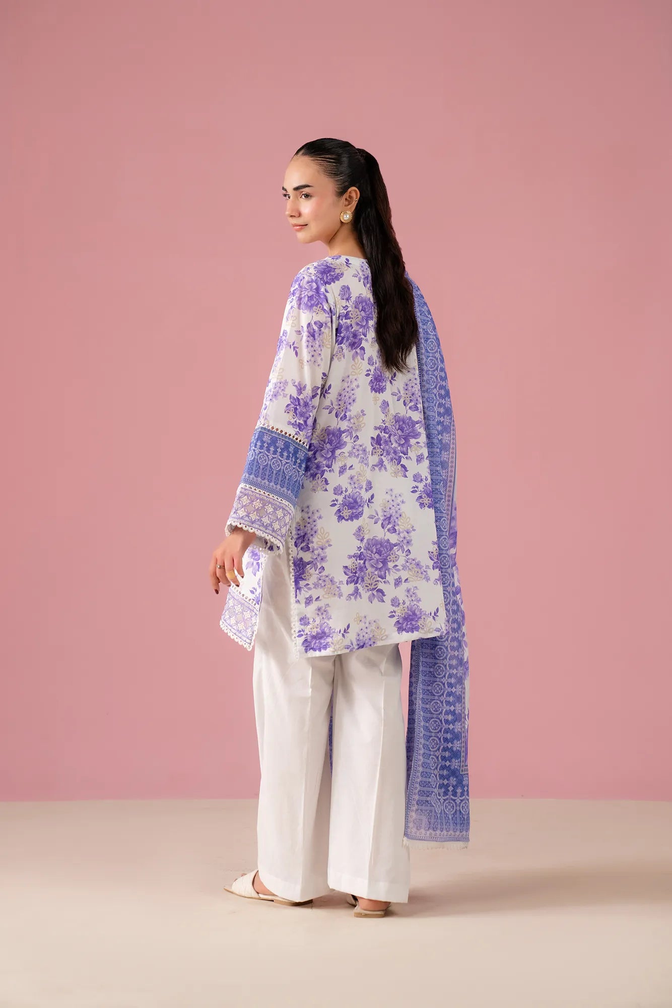 Faisalabad D Ground Market Exclusive – White and Purple 3 Piece Lawn Dress with Voile Dupatta and Cambric Trouser