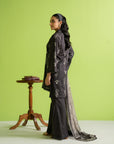Fancy unstitched 3 piece black dress material, digital printed cambric shirt, best for parties in Pakistan