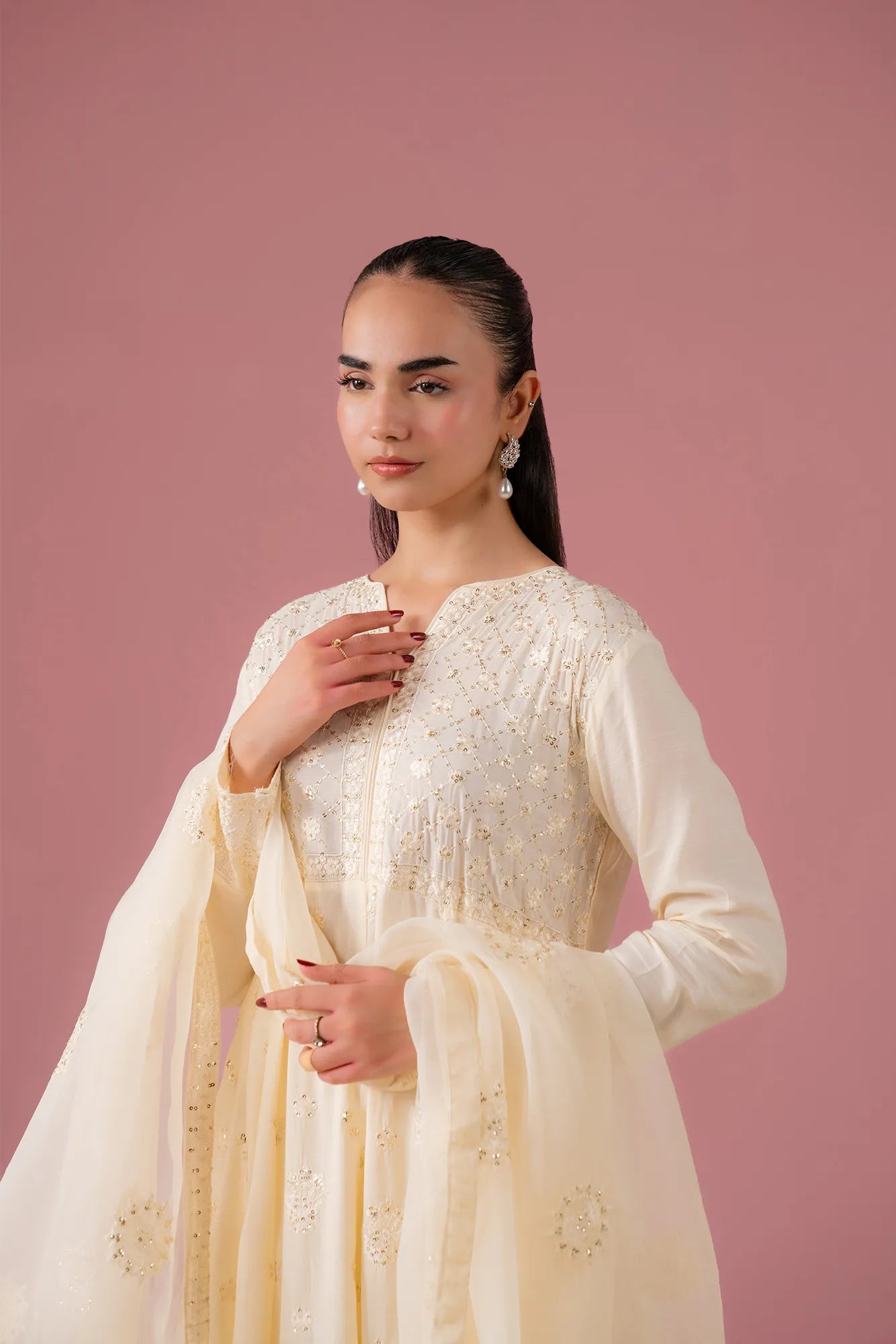 Flared embroidered raw silk suit with floral organza dupatta