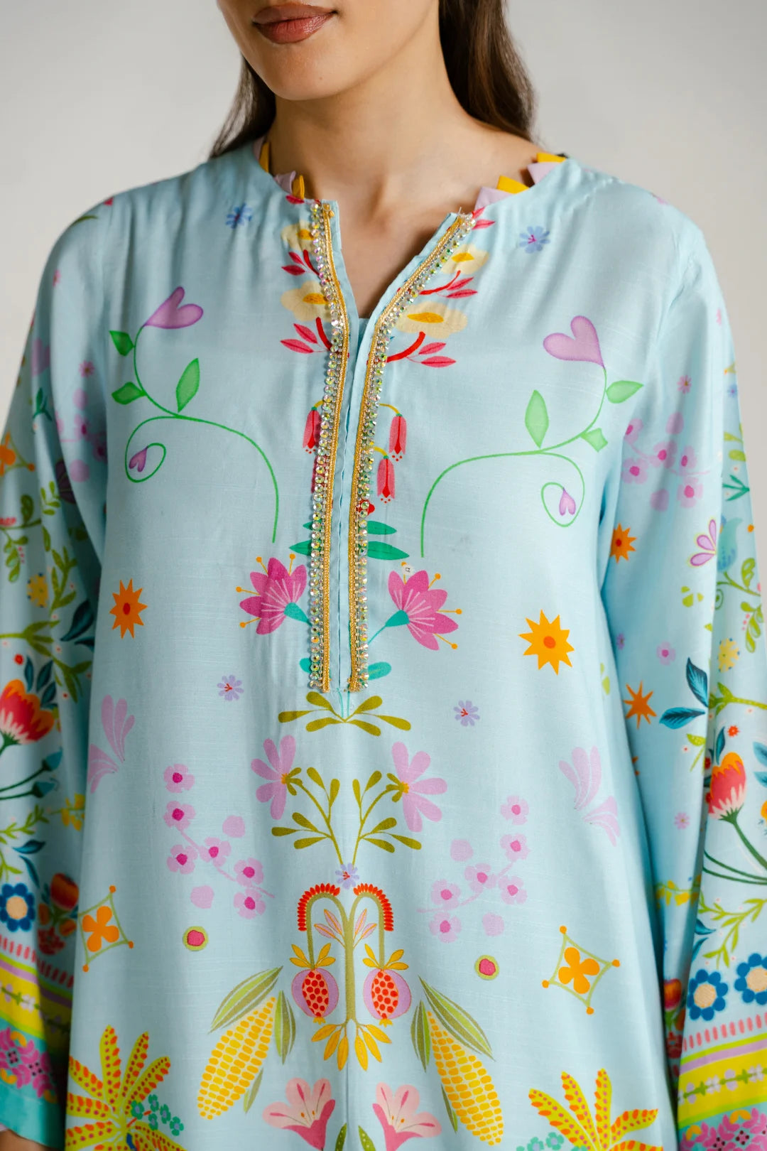Floral print raw silk kaftan women full view Beyond East Pakistan