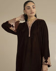 Front close-up of embroidered velvet kaftan showing neckline and relaxed fit silhouette