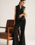 Front full-length view of black cropped vest co-ord set with wide-leg trousers for women
