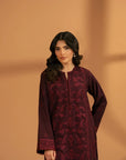 Front look of embroidered maroon khaddar kurta with neckline detailing