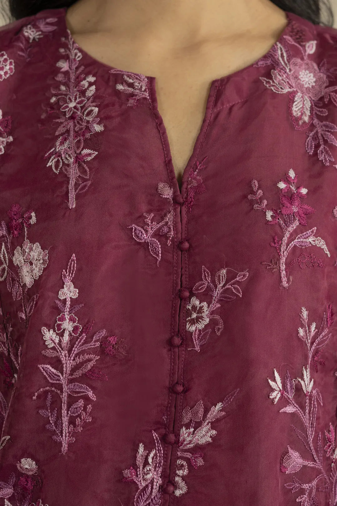 Front neckline embroidery detail – maroon festive suit