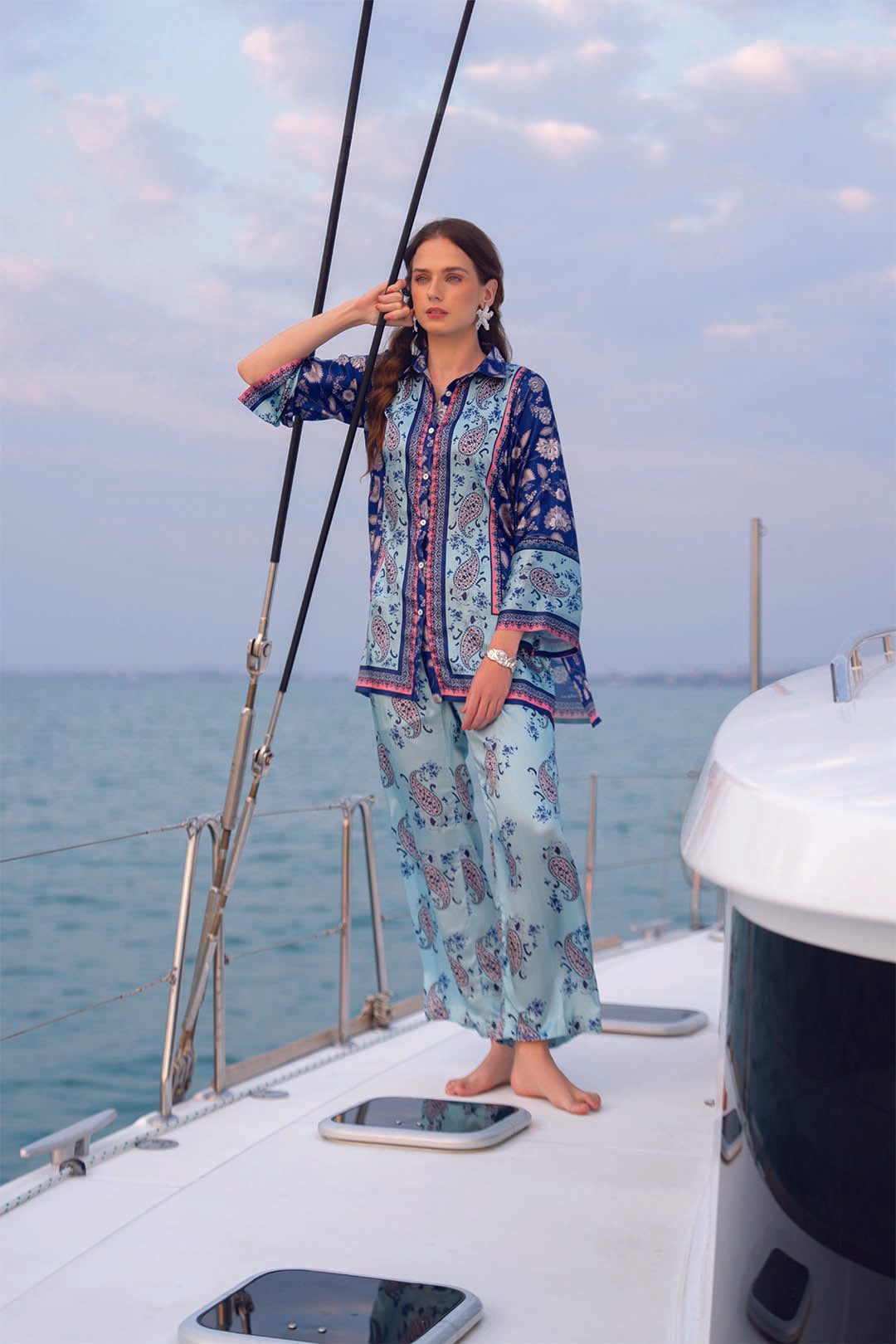 Front pose of blue printed poly satin co-ord set styled for summer outings