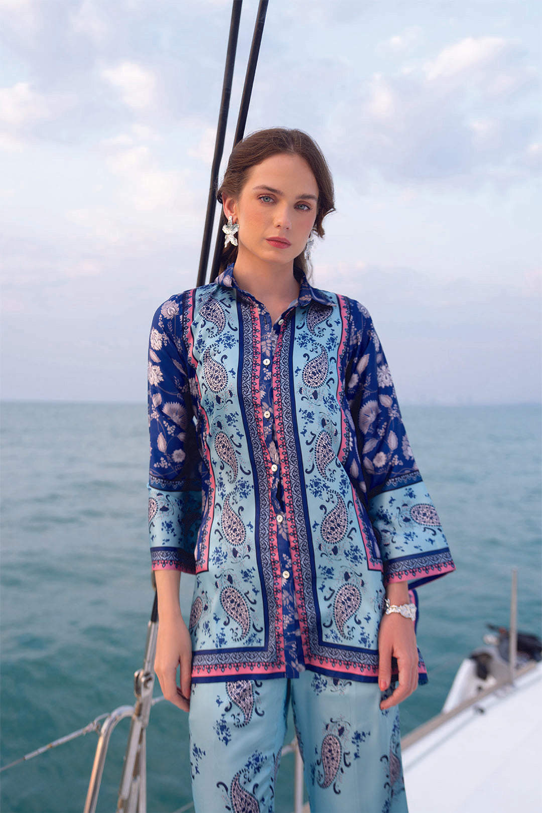 Front standing pose of blue printed 2 piece co-ord set for women