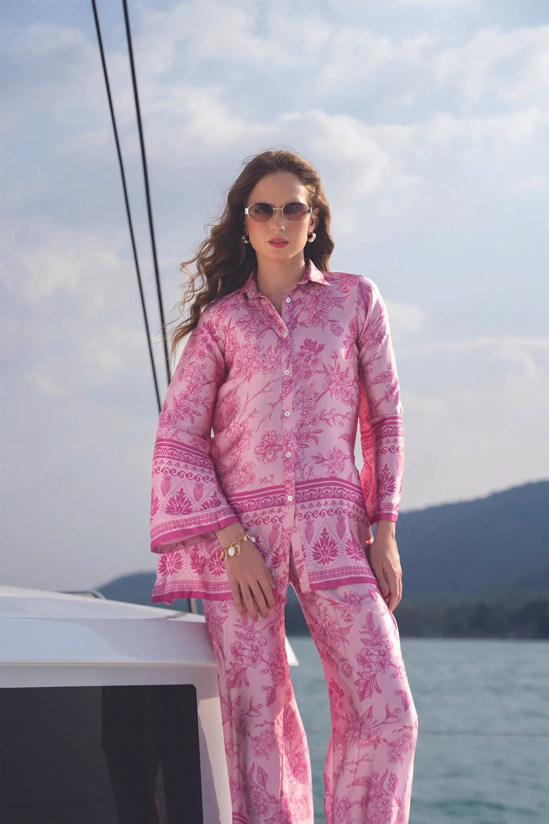Front standing pose of pink printed silk 2 piece set for women