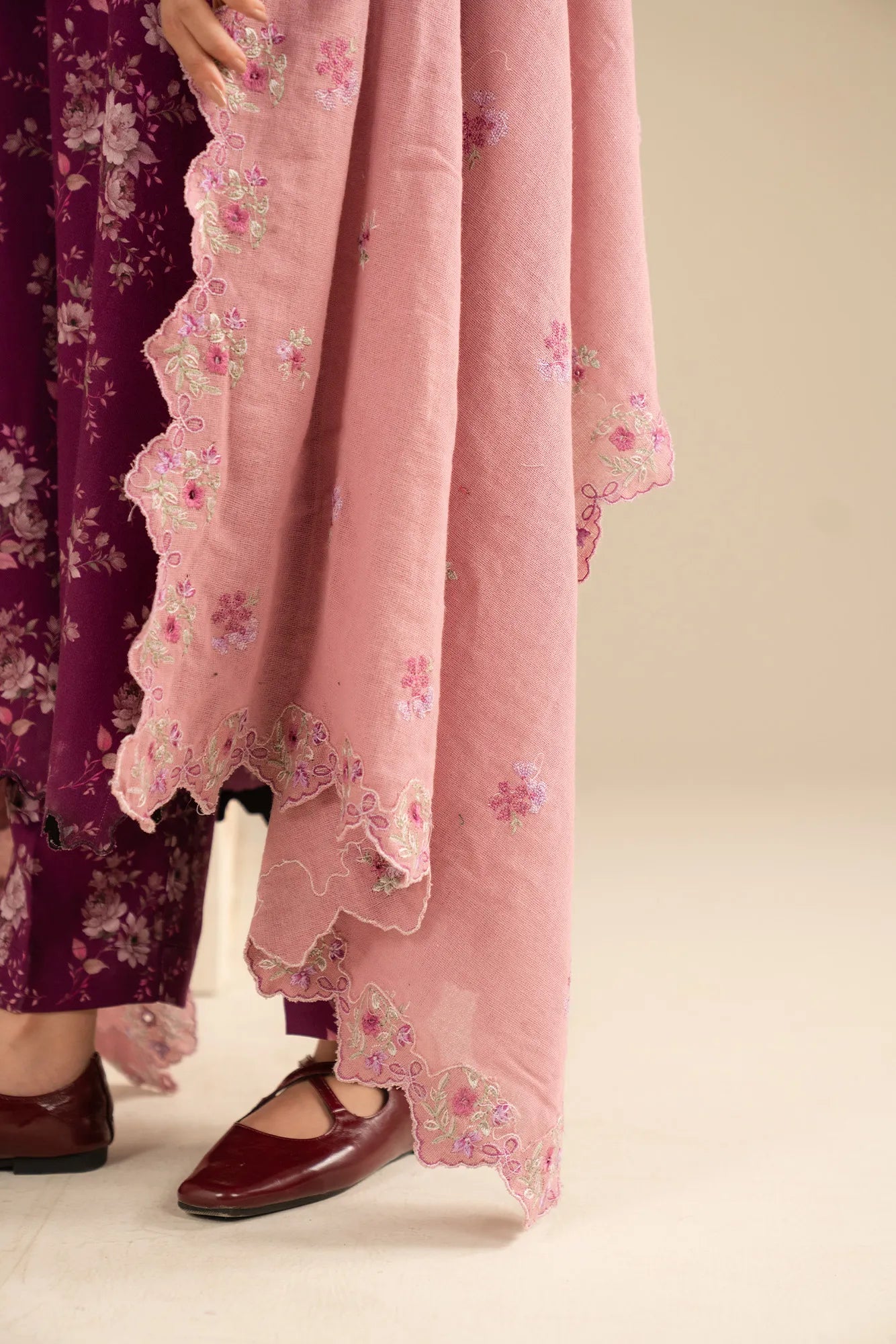 Front view marina fabric 3-piece suit: purple floral kurta, straight pants, and pastel pink dupatta with cutwork trim