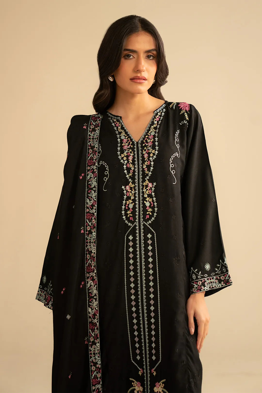 Front view of black 3 piece linen suit with straight trousers and embroidered kurta