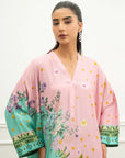 Front view of pink printed kaftan with mint border and wide sleeves
