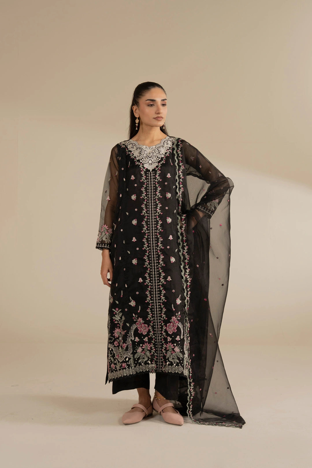 Full-length black embroidered organza 3-piece stitched suit with matching dupatta, front view.