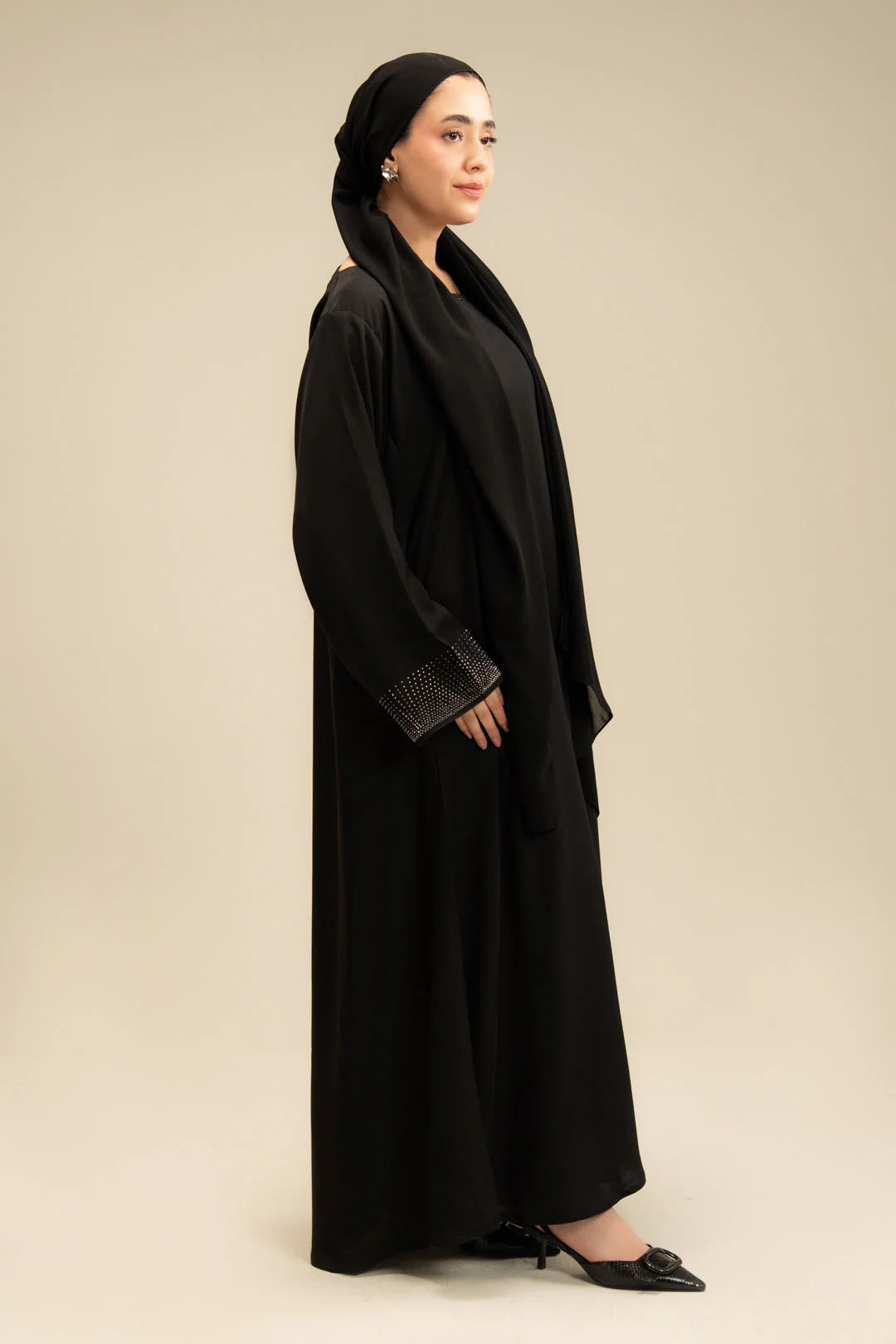 Full-length black stone abaya back view – women's Islamic modest wear Beyond East