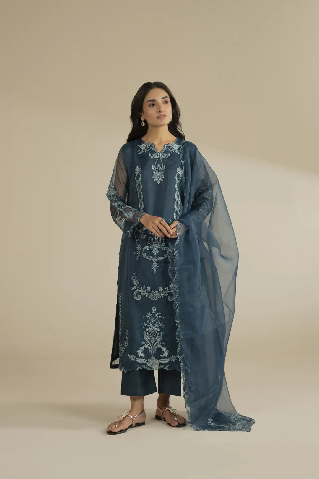 Full-length maroon embroidered organza 3-piece suit styled for wedding season