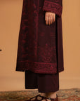 Full-length maroon khaddar 2-piece suit showing straight silhouette