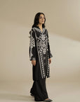 Full-length shot of black linen kurta-style shirt, clean straight silhouette with bold white print