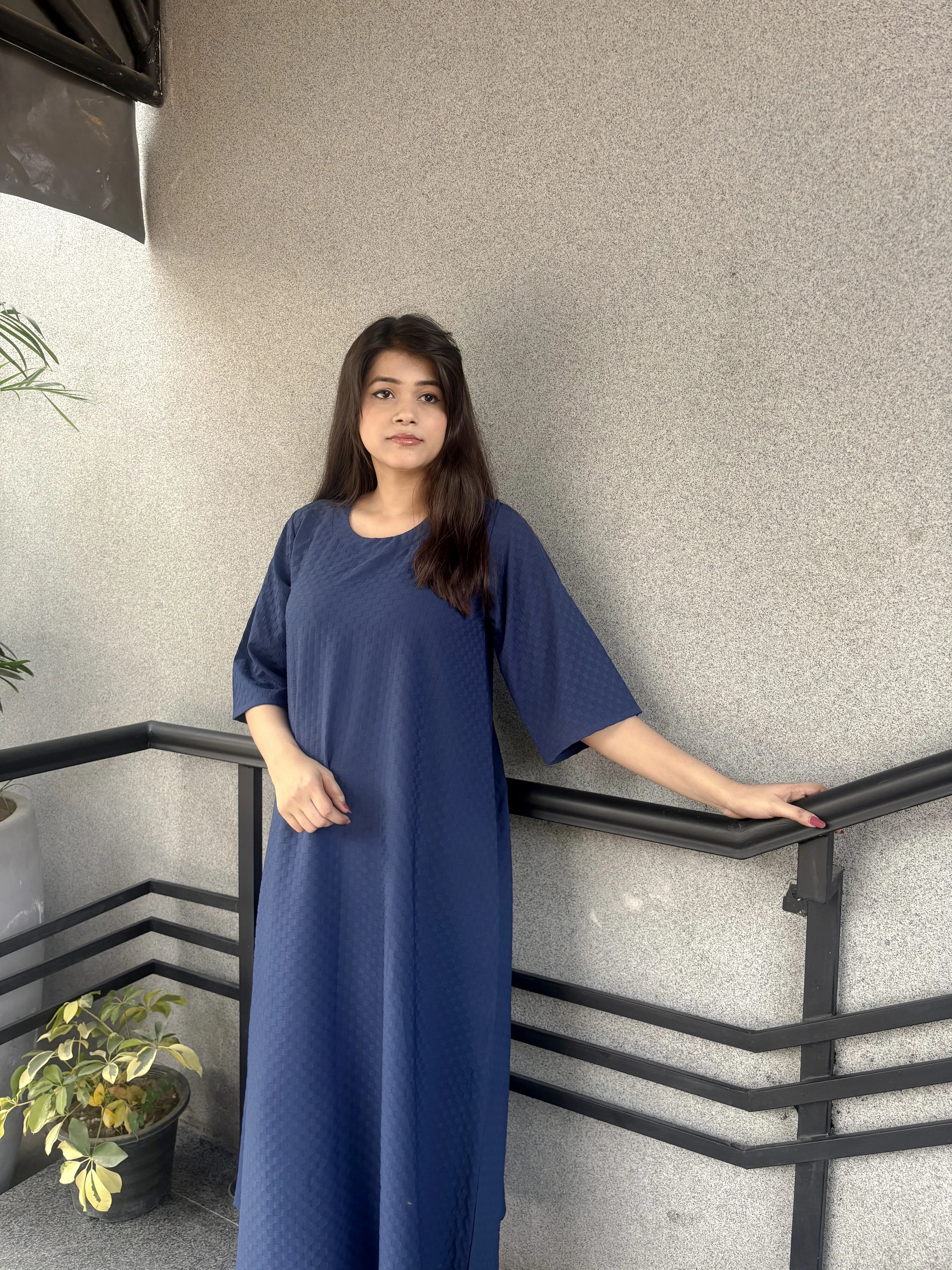 Full-length solid blue blended fabric dress for modest everyday wear