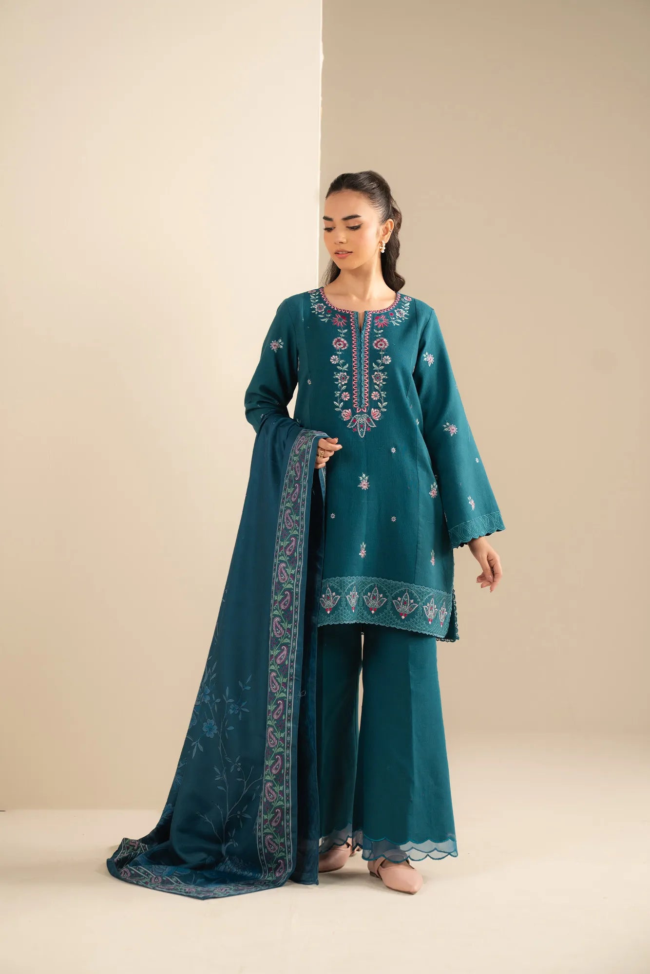 Full-length teal embroidered khaddar suit for women with shawl