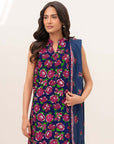 Full-length view of blue printed linen suit with coordinated dupatta drape, showing overall print placement.