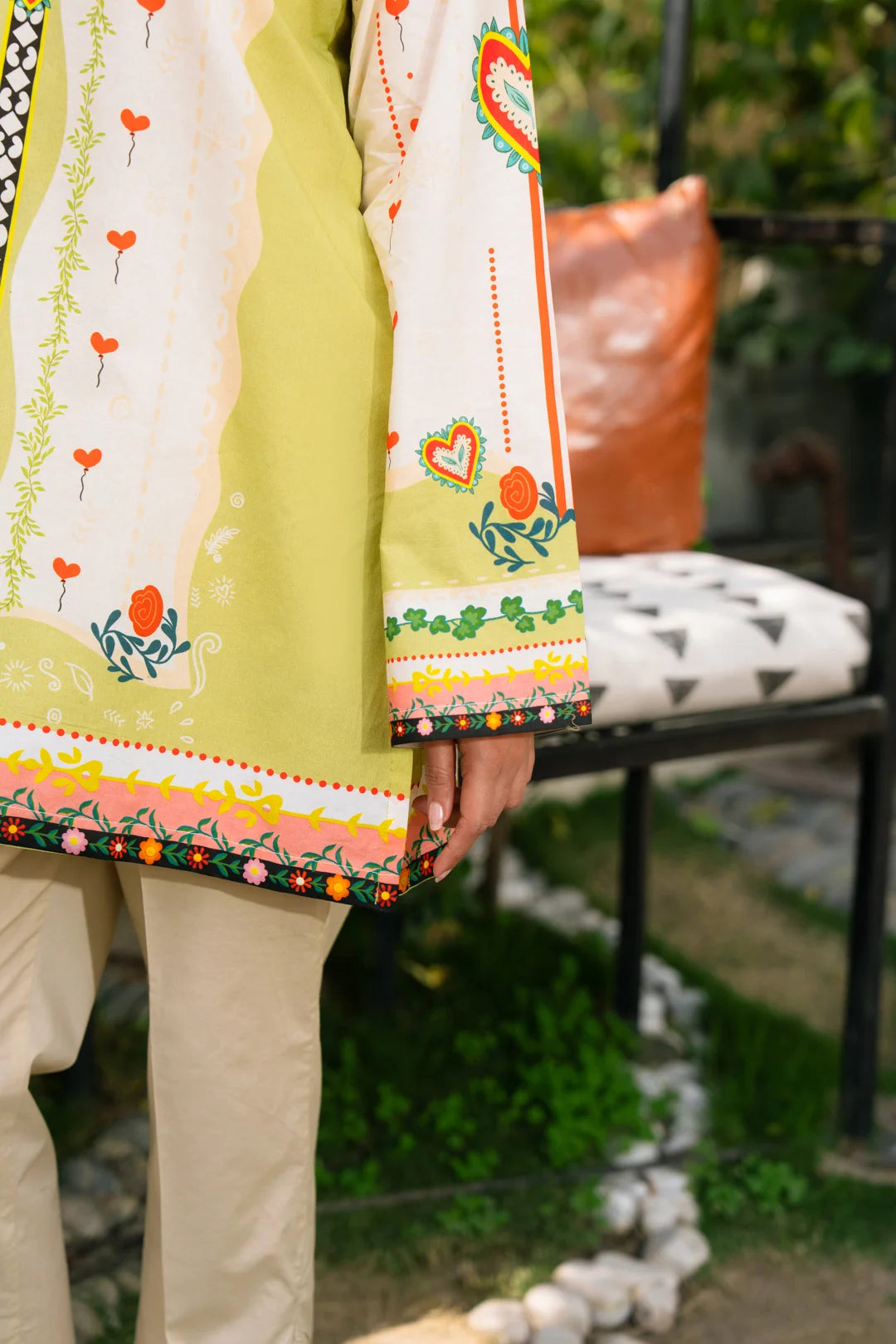 Full-length view of light green ready-to-wear pret kurta