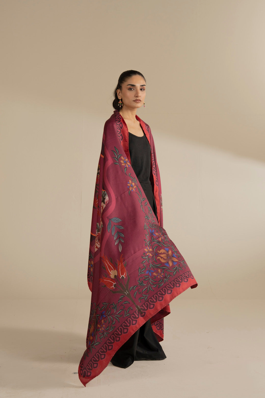 Full-length view of maroon 2.5M herringbone shawl draped over shoulders, showing overall print placement.